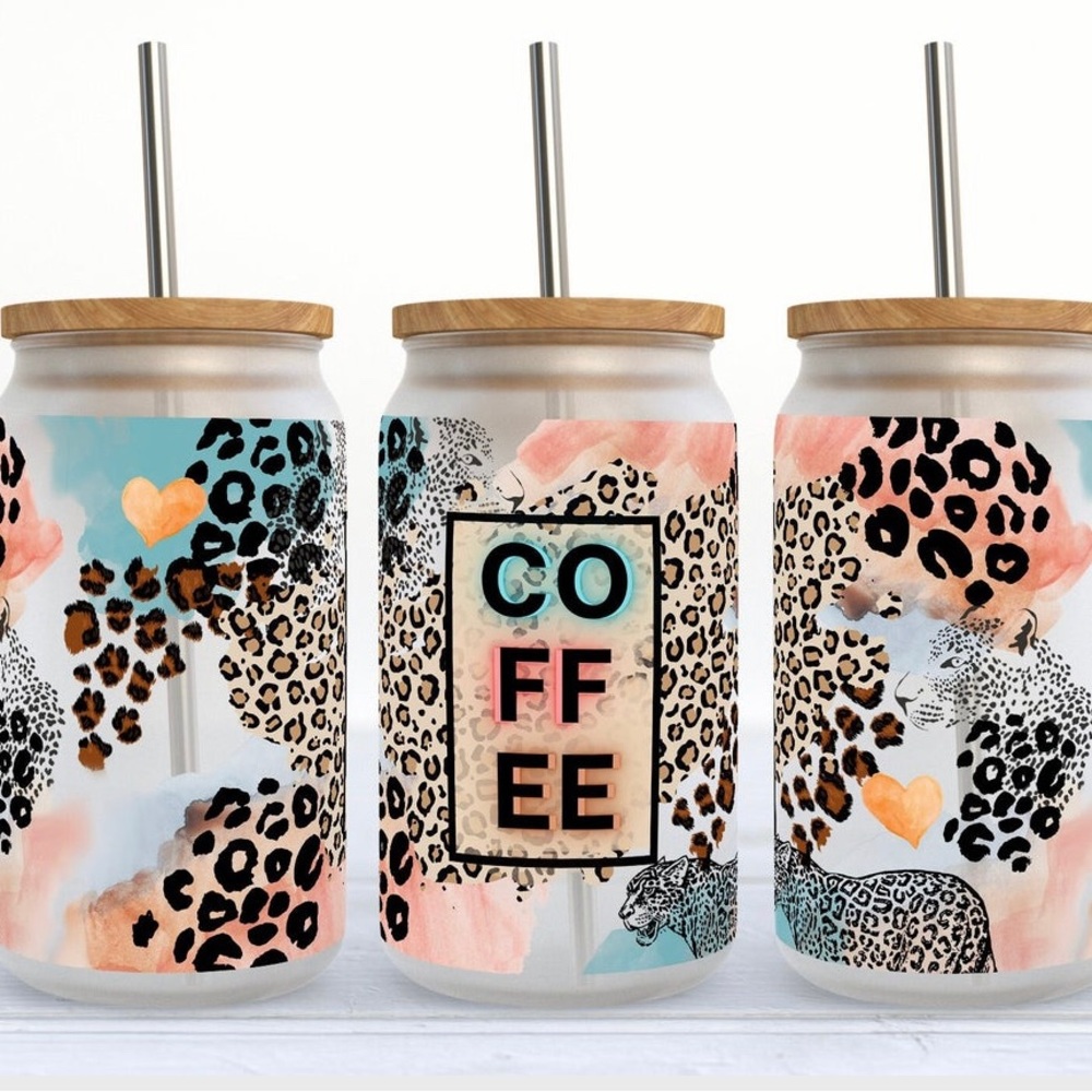 16oz glass with bamboo lid and plastic straw